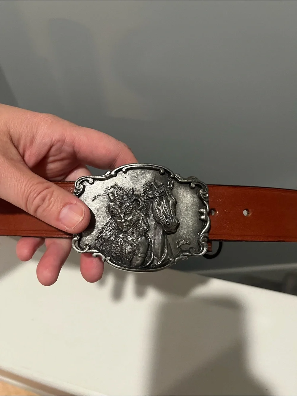 Vintage Artaffects Native American Chief Crazy Horse Pewter Belt Buckle 1989 USA